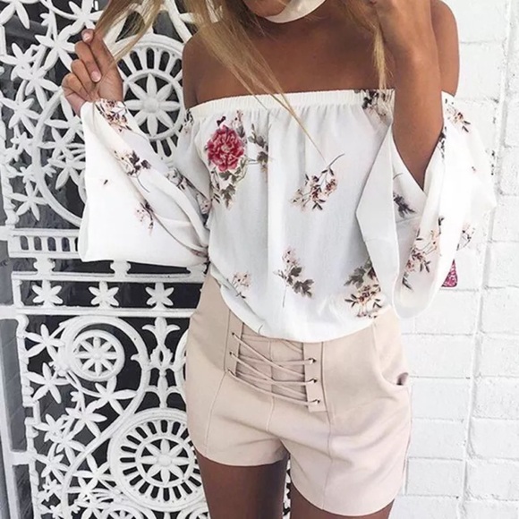 fairlygirly Tops - Off Shoulder White Floral Bell Sleeve Blouse